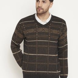 Men Self Design V Neck Beige Sweater-image-29