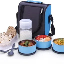 Lunch Box Soft Insulated (3 SS Container,2 Spoon,1 bottle,1 Oval Container),Blue 3 Containers Lunch Box-picture-0
