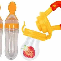 Squeezy Food Grade Silicone Bottle Feeder & Silicone Food Fruit Pacifier/Nibbler/Soother for Babies/Kids/Children (Squeezy Feeder 'YELLOW+ Pacifier 'Yellow') (Pack of 3) - Silicone - SILICONE (Yellow ) Buy 2 Spoon feeder Get 1 Fruit feeder Free - SILICONE ( Yellow)- SILICONE-3
