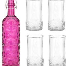 Bottle & 4 Glass Serving Lemon Set, Pink, Clear, Glass - A710 Jug Bottle Glass Set-image-41
