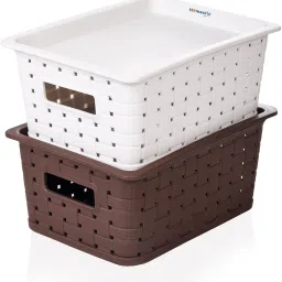 Plastic BPA Free Multipurpose Small Trendy Storage Basket With Lid|Brown,Grey|Pack of 2 Storage Basket-image-1
