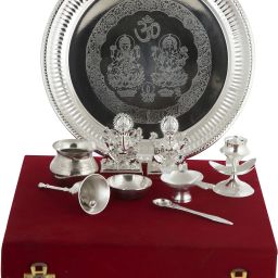 Laxmi Ganesh Idol/Murti, 6 Peices Pooja set in Red Velvet Box Brass, Polyresin, Silver-image-39