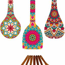 Non-Stick Serving and Cooking Spoon + WALL HANGING PRINTED SPOON WALL DECORATION Disposable Wooden, Wooden Serving Spoon, Dessert Spoon Set-14
