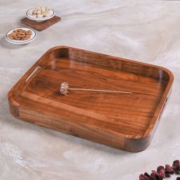Wooden Serving Tray | 15 Inch Rectangular Wooden Tray (Flat Handle) Tray Serving Set-image-86