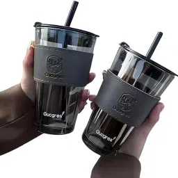 Iced Coffee Drinking Glasses with Lids and Glass Straw set of 2 Glass Coffee Mug-image-5