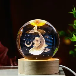 3D Crystal Ball Lamp with Wooden Base Bear and Dolphins Galaxy Models Night Lamp-image-1