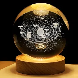 3D Crystal Ball Lamp | Night Light with Wooden Base | Solar System Style Table Lamp-0