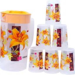 Unbreakable Transparent Heavy Plastic Flower Print Jug(2.5 Litre) & 6 Glass(200ml) Set for Drinking Water, Milk, Juice & Cold Drink for Home & Office Use Jug Set Mug Set With Drinking Glass Orange Jug Glass Set-23