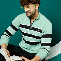 kvetoo Men Woven High Neck Green, Black Sweater-picture-33