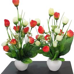 Set of 2 Table Flower Top Orange, White Rose Artificial Flower with Pot-image-58