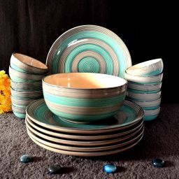 Pack of 19 Ceramic Hand Made SeaGreen Grey 6 Dinner Plates, 12 Bowls, 1 Serving Bowl Microwave Safe Dinner Set-image-17