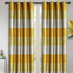Yellow Polyester Striped 9 Ft Blackout Eyelet 2 Door Curtains By Deco Window-picture-23