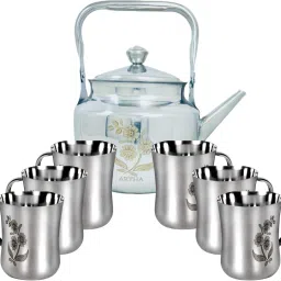 ARTHA Kettle Cup Set 7 Pieces With Matching Laser Printing Desing Include 1 Kettle of 1 Ltr And 6 Cups 200 Ml Each Durable And MIrror Polished Cup And Kettle Jug Glass Set-image-48