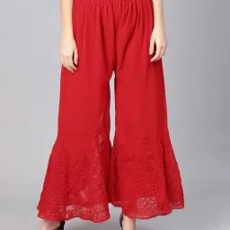 Women Flared Red Georgette Trousers-image-77