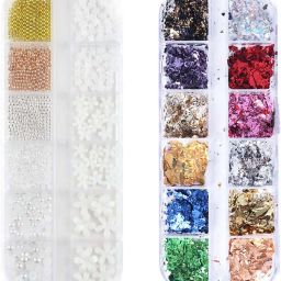 White Flower and Metal Ball and Foil Grid Nail Art Set-image-11