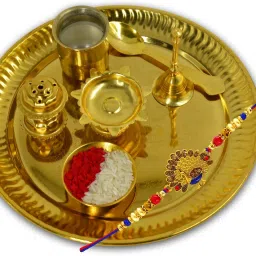 Religious Rakhi Gifts, Peacock Religious Rakhi With Gold Finish Pooja thali, Complete Rakhi Gift For Brother Gold Finish Chawal Roli Pack, Thali, Rakhi Set-picture-13