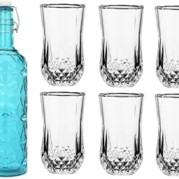 Bottle & 6 Glass Serving Lemon Set, Blue, Clear, Glass - A146 Jug Glass Set-image-63