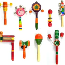 Wooden Head Five Plate Dumble Ten Wara Damru Egg Tublar (Set of 9) Rattle-image-5