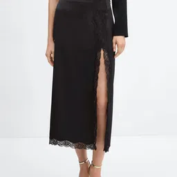 MANGO Satin-Finish Lace Insert Midi Skirt with Slit-image-49