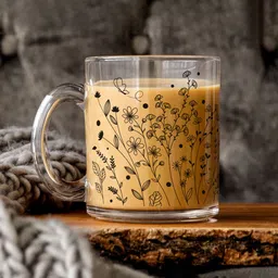 Gathari Transparent & Black Floral Printed Glass Mug 330 ml-51