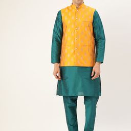 SOJANYA Men Teal Blue & Mustard Yellow Solid Kurta with Churidar & Nehru Jacket-picture-44