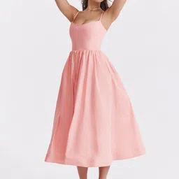 KPOP Shoulder Straps Fit and Flare Midi Solid Dress-image-14