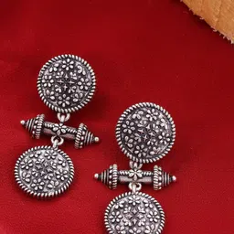 Voylla Silver-Plated Classic Oxidised Drop Earrings-4