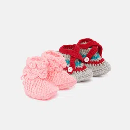 CHUTPUT Kids Set of 2 Peach-Coloured & Red Crochet Booties-23