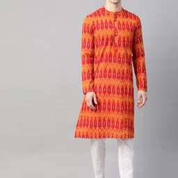 See Designs Men Orange & Red Ikat Woven Design Pure Cotton Handloom Kurta-picture-19