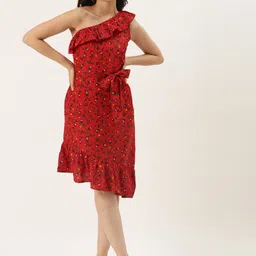 BRINNS Red & Yellow Floral One Shoulder A-Line Dress-picture-15