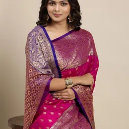 Mitera Pink & Golden Ethnic Motifs Banarasi Saree with Zari Border-12