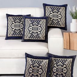 Nendle Navy Blue & Beige 5 Pcs Floral Square Cushion Covers-18