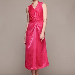 bebe Wild Rose Satin A-Line Midi Dress with Twisted Detail-image-84
