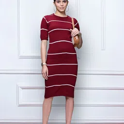 her by invictus Women Deep Burgundy Striped Sweater Dress-20