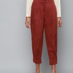 SASSAFRAS Women Rust Red High-Rise Suede Button Hem Pants-21