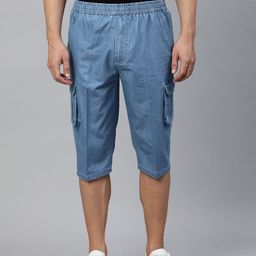ADBUCKS Men Blue Solid Pure Cotton Denim 3/4th Cargo Shorts-picture-30