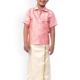 Thala-thalapathy Boys Pink & Off-White Solid Shirt with Veshti & Towel With Gift Set-27