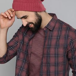 HERE&NOW Men Burgundy & Navy Blue Pure Cotton Slim Fit Tartan Checked Casual Shirt-image-18
