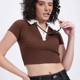 glitchez Ribbed & Prepped Polo Collar xCrop Top-image-55