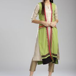 W Green Sheer High Slit Longline Ethnic Jacket-image-83