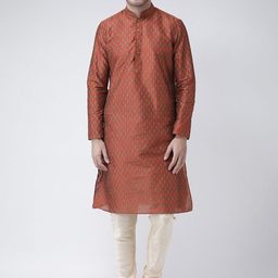 DEYANN Men Orange & Cream-Coloured Printed Kurta with Churidar-3