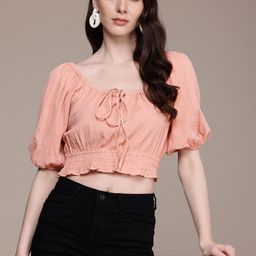 Nautica Tie-Up Neck Puff Sleeves Cinched Waist Seersucker Crop Top-image-27