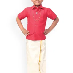 Thangamagan Boys Red & Off-White Solid Shirt & Veshti-23