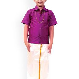 Thangamagan Boys Purple & Off-White Solid Shirt & Veshti-image-90