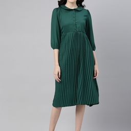 Campus Sutra Women Green Solid Fit and Flare Dress-picture-15