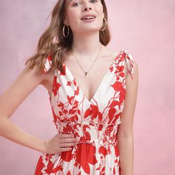 DressBerry Floral Print Smocked Midi A-Line Dress-27