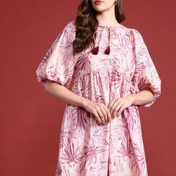 all about you Floral Print Tie-Up Neck Puff Sleeves Cotton A-Line Dress-image-28