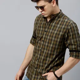 Roadster Men Khaki & Olive Green Regular Fit Checked Casual Shirt-image-87
