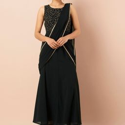 INDYA Black Embroidered Fish Cut Kalidar Kurta with Attached Dupatta-picture-49