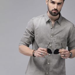 Roadster Men Grey Solid Regular Fit Pure Cotton Casual Shirt-image-89